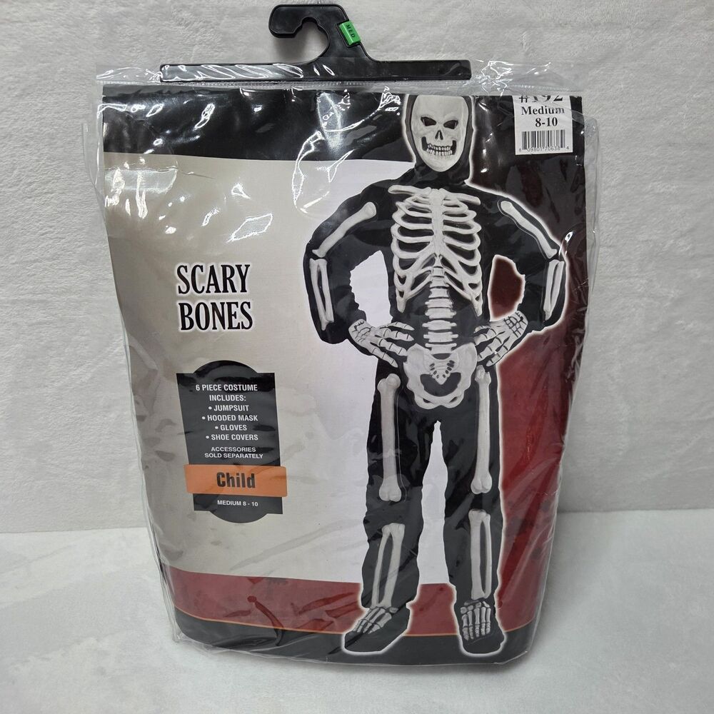 Scary Bones‎ Skeleton Costume Child Medium 8-10 Jumpsuit Mask Gloves Halloween